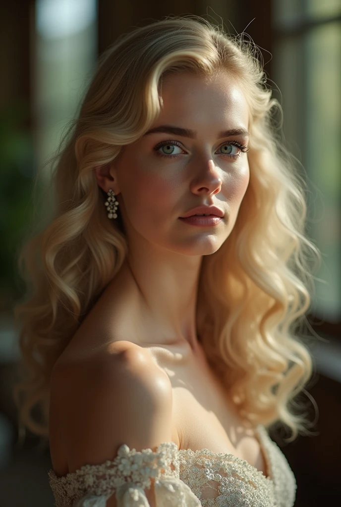 portrait of a blonde woman posing in nature. wears a modern white cotton dress with a very deep v-neckline. vintage photo like 1980s with film grain. 135 mm f/2 lens.