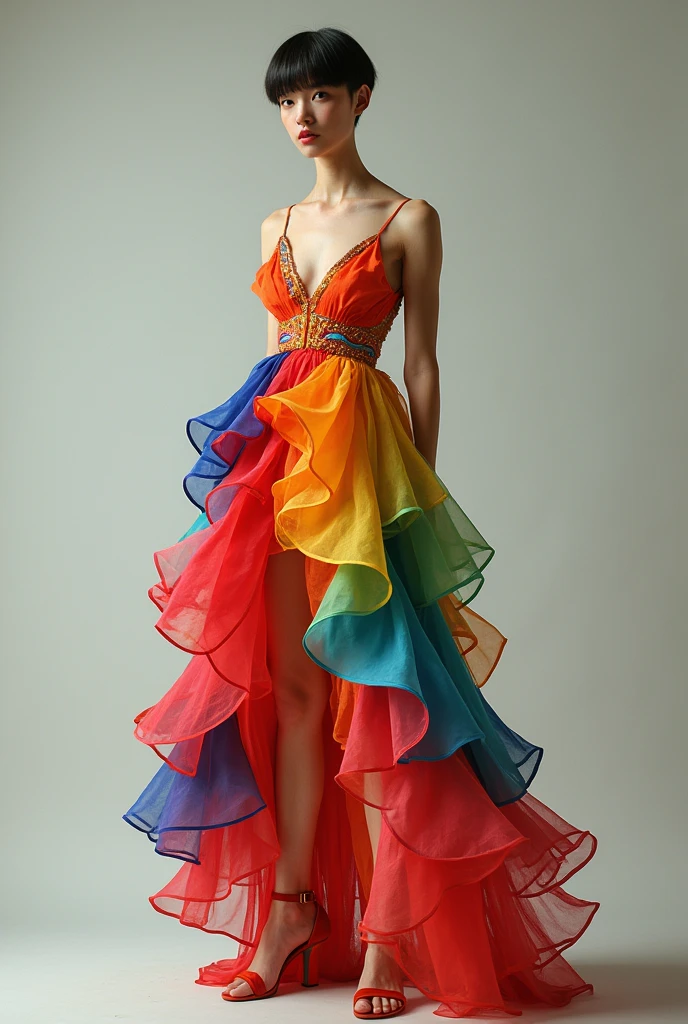 Skinny man in his 20s, short straight hair, with straight ruffle dress ...