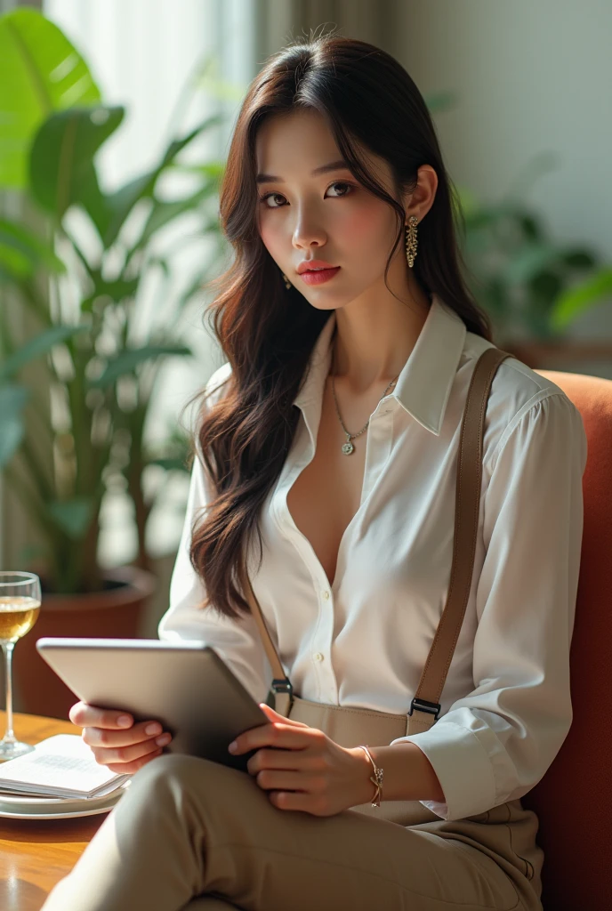 table top, highest quality, realistic, Super detailed, finely, High resolution, 8k wallpaper, 1 beautiful woman, A big chest that looks comfortable to sleep on、In casual business attire, at the cafe, messy hair, perfect dynamic composition, finelyて美しい目、(((超highest quality, masterpiece))), (((very detailed)))