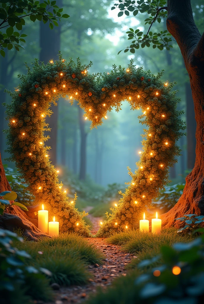A secluded forest clearing decorated with twinkling fairy lights and ...