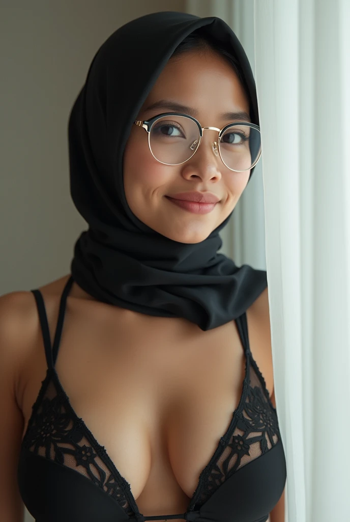 cowboy_shot,(iu:0.8),cleavage, RAW, Best quality, high resolution, Masterpiece: 1.3, Beautiful glasses pearl_skinned sexy hijabi javanese wearing sexymaid, Masterpiece, Soft smile, sweaty and sexy small petite tits