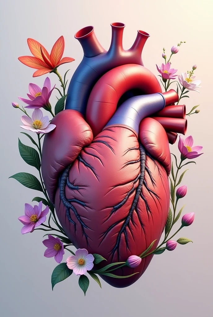 art of a wine-colored heart with purple veins forming the word "artery" in the center behind the heart heartbeat lines and around the heart flowers a lily in salmon color, a carnation with yellow edges, the orange middle and the brown center, a gerbera in shades of gray and a rose in shades of blue