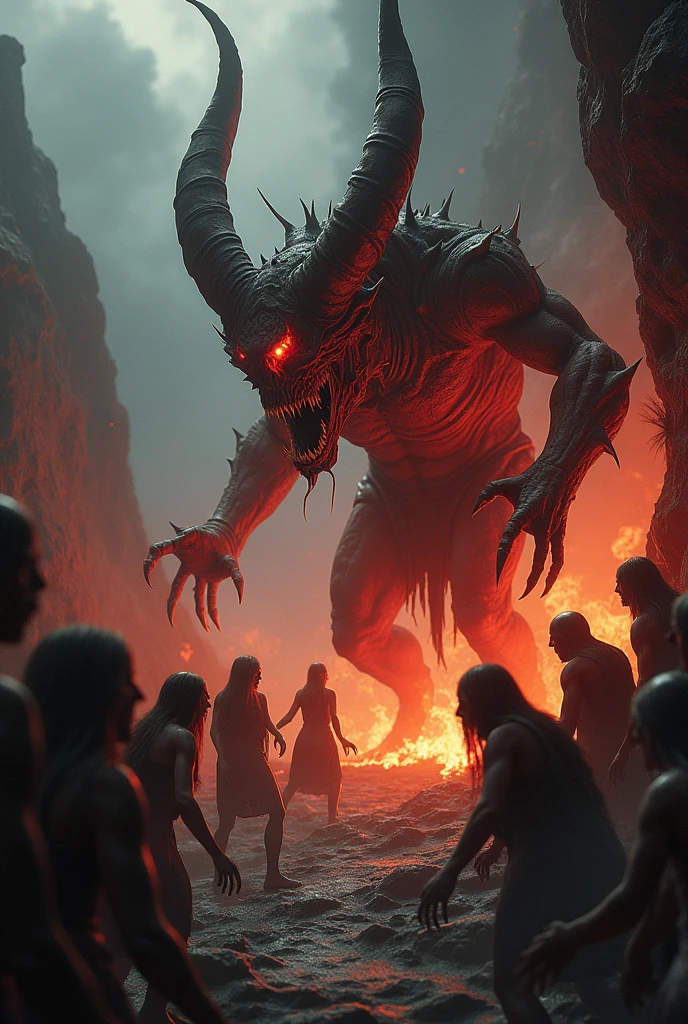 A horrified peasant man in his wooden hut, being dragged by the devil with dark and sinister tentacles towards a fiery pit in the ground, resembling hell. scary and horror scene.