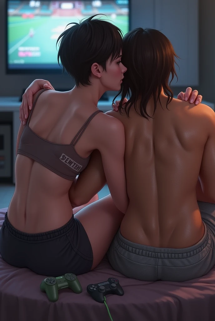 master piece， best quality person， 1 girl，one man,face to face, solo， intricate details， color difference）， （realistic），（skin）， 1 Girl Shizuku High Ponytail， （（Moderate breathing）），（brunette colored hair，dull bangs），fine hair，Red headdress，Blue Highlights， Hair is multiple eyes，red eyes， small earrings， sharp keen eyes， choker necklace，（（Blackcrop top cutout）），（symmetrical eyes），（perfectly symmetrical body），（（natural soft light）））， The light from the rear window is backlit.，to the gray wall， dim light，Are standing，（looking at the viewer），（（Center the lens，from the front，（face and waist）Visible chest line deep V real, High resolution, 1 girl, wavy black hair, small mole under the eye,white shirt, , clear chest line, long legs, tighten your abdominal muscles，dynamic pose，Catwalk Chest line Navel showing, big breasts, sexy lingerie,The girl is jumping with one leg,girls have muscular legs,the girl is wearing high heels,the girl has her mouth open,the man is screaming,There is a girl&#39;s knee between the man&#39;s legs,