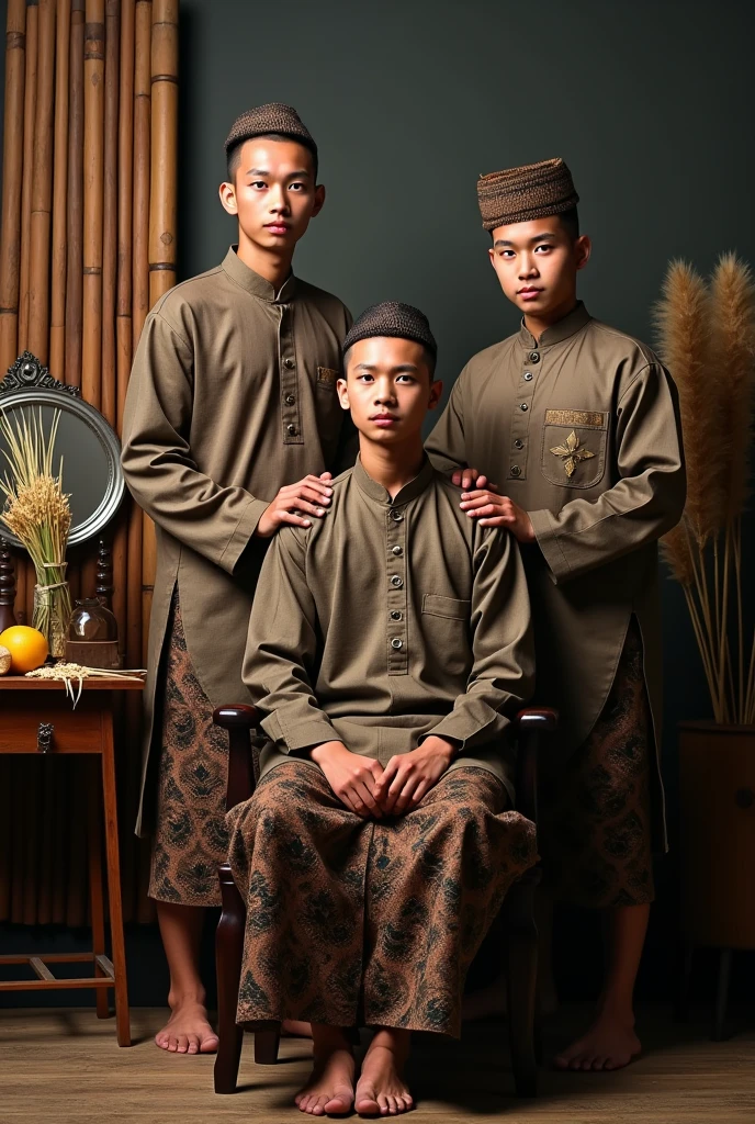 An authentic-looking Chinese family with almond-shaped eyes, none of the men have beards. The family consists of one Muslim woman and three teenage boys with well-built physiques. They are all dressed in Muslim attire. They appear happy and are taking a photo together with a goat, with a mosque in the background."