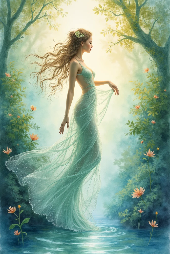 Envision a full body shot of a girl, a breathtaking embodiment of nature's splendor. Her figure is a delicate yet powerful fusion of the earth's elements, each aspect rendered with mesmerizing intricacy. Her hair flows like a cascade of autumn leaves, shimmering with hues of gold and amber, while her skin mimics the rich, fertile earth, textured with subtle hints of green, as if moss and tiny sprouts are emerging from it. Her arms and legs are like elegant vines, adorned with a myriad of tiny flowers, dewdrops, and fresh buds, showcasing the vibrant vitality of spring. Veins of shimmering water course through her, resembling flowing streams that reflect the light in a dance of sparkling blues and whites. Her eyes, deep and expressive, hold the serene azure of the sky, with flecks of white clouds drifting within. Around her, a gentle breeze seems to carry whispers of leaves and petals, adding a dynamic sense of movement to the image. This portrayal captures not just the visual beauty of nature's elements but their essence, creating a harmonious and ethereal representation of a girl who is one with nature.