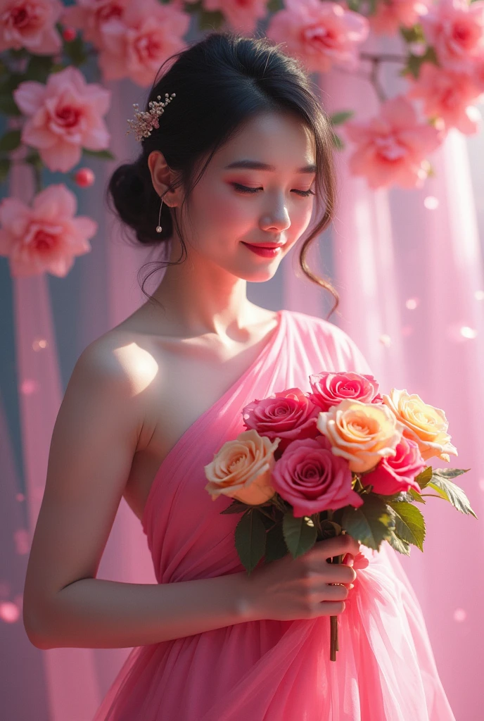 arafed woman in a pink dress holding a bouquet of flowers, carrying flowers, with flowers, wrapped in flowers, holding flowers, asian woman, lovely woman, lady with glowing flowers dress, female portrait with flowers, flower goddess, traditional beauty, beautiful woman, beautiful asian woman, turban of flowers, beautiful oriental woman, asian girl, gorgeous woman, woman in flowers