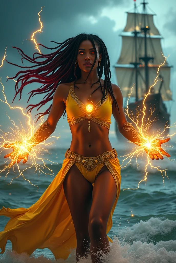 1girl, 25 year old, black skin, Athena goddess of war, mami water (Mermaid), Okavango delta, Ancient alien goddess, slim waist, large hips, floating in the air, dread locks, red dress, particles, stream of water in the air, water bending, storm, menacing, bare footed, looking at the audience, 8k resolution, contempt, pride, Hyper realistic, Photography, Picture of the week, RAW, beautiful, ((detailed face:1.2)), ((detailed facial features)), (finely detailed skin), dark skin, damp, moist, reflections, (masterpiece) (perfect proportion)(realistic photo)(best quality) (detailed) photographed on a Canon EOS R5, 50mm lens, F/2.8, HDR, (8k) (wallpaper) (cinematic lighting) (dramatic lighting) (sharp focus) (intricate)