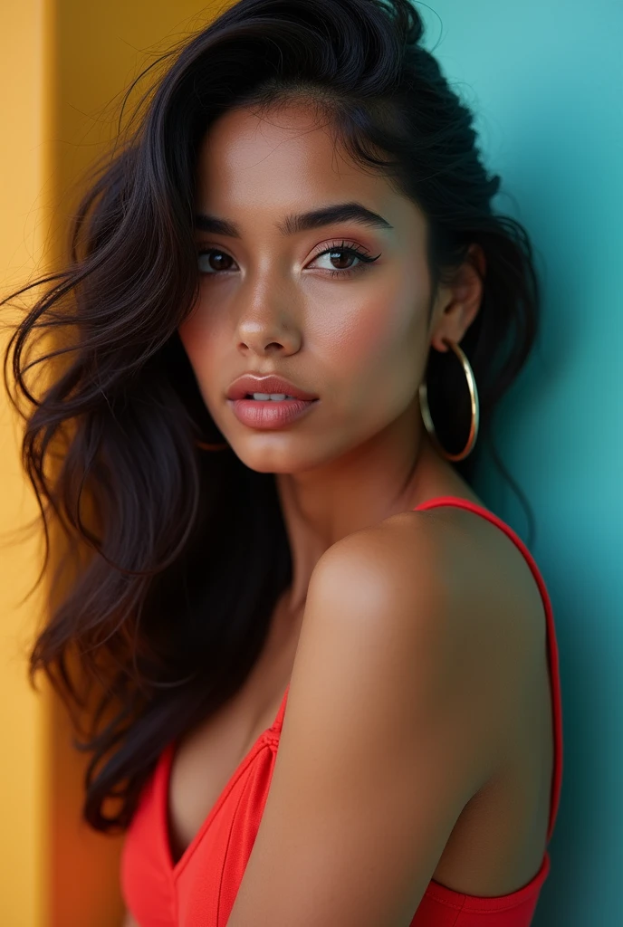 (best quality, masterpiece, colorful, dynamic angle, highest detailed) upper body professional photo, award winning fashion photography of sexy, intense black long hair, bokeh,