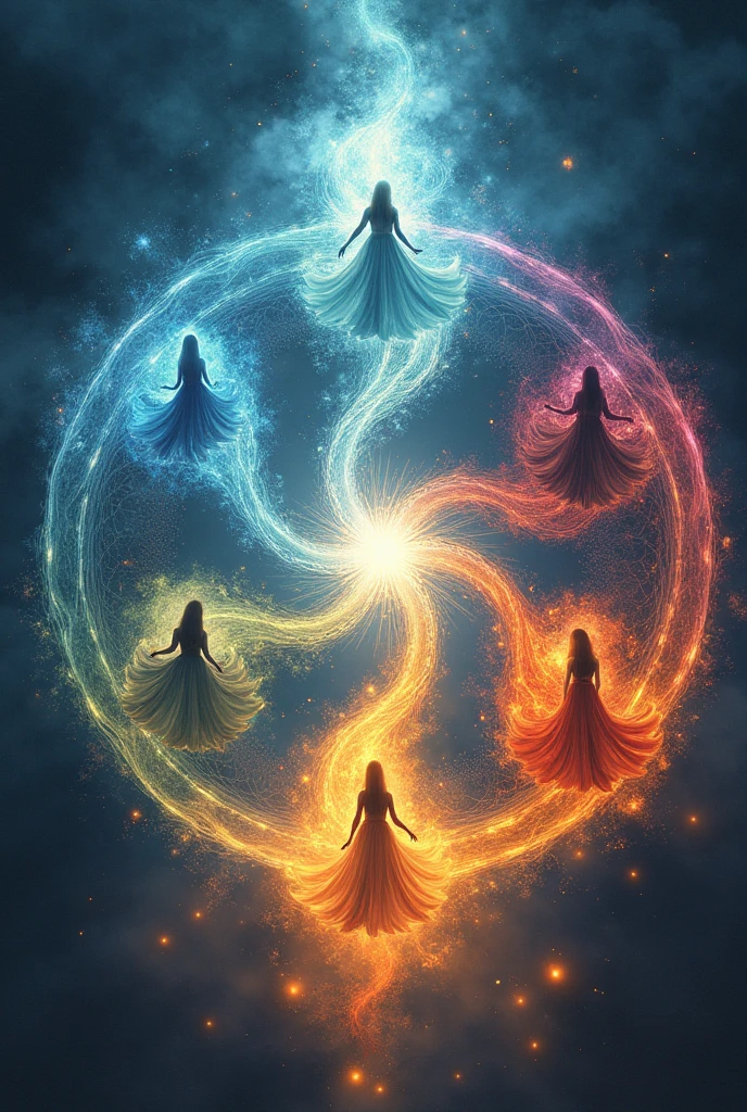 Create an image for a board with several archetypes that represent money in abundance that brings together fire, earth, water and air.