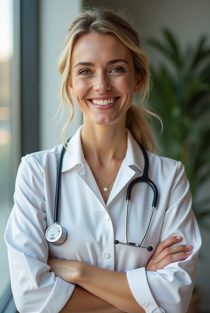 Full length portrait of a beautiful 24 year old blonde woman, wearing a nurse uniform, hospital, natural soft lights, 85mm canon lens, realistic portrait, Very detailed, analogue style, deep cleavage, sexy pose, big breasts, nerdy glasses, laughing out loud, from below