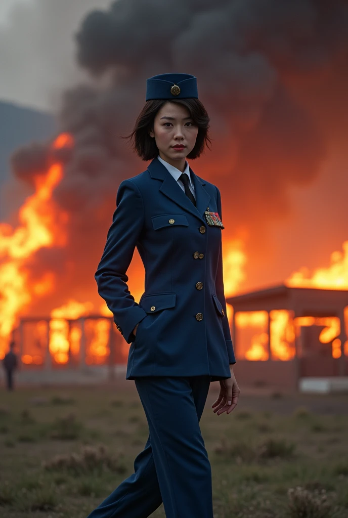 (girl kimyojong), (realistic), black hair, long hair, suit, skirt, black business suit, (small breasts), outdoors, (nuclear explosion:1.2) in the background, high detail, RAW Photo, looking at viewer (atmospheric lighting), <lora:kimyojong_SFW:.75>