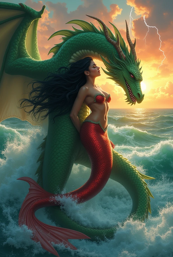 photo, stunner beauty, big boobs, red winged mermaid, unified mermaid tail, sitting on a rock