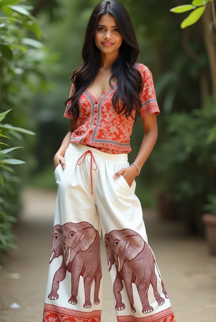 (best quality:1.4), (ultra highres:1.2), (photorealistic:1.4), (8k, RAW photo:1.2),(medium shot :1.4), (brown eyes), girl walking on the street, wearing ( red ThaiElephantHaremPants:1.3),(white top:1.2), (nice shoes),(natural light),(rim light)