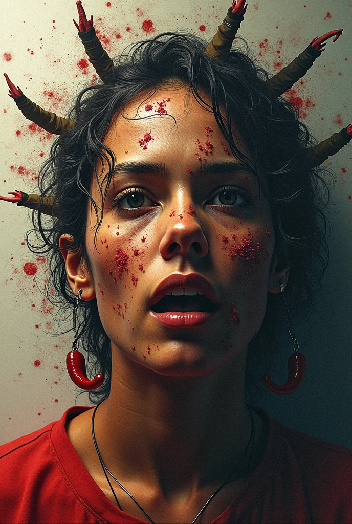 Ahegao face, decapitated female head on a plate, covered in flesh, full of blood, ((eyes closed)), served like a food dish, bloody, photorealistic, 4K, Nikon, horror