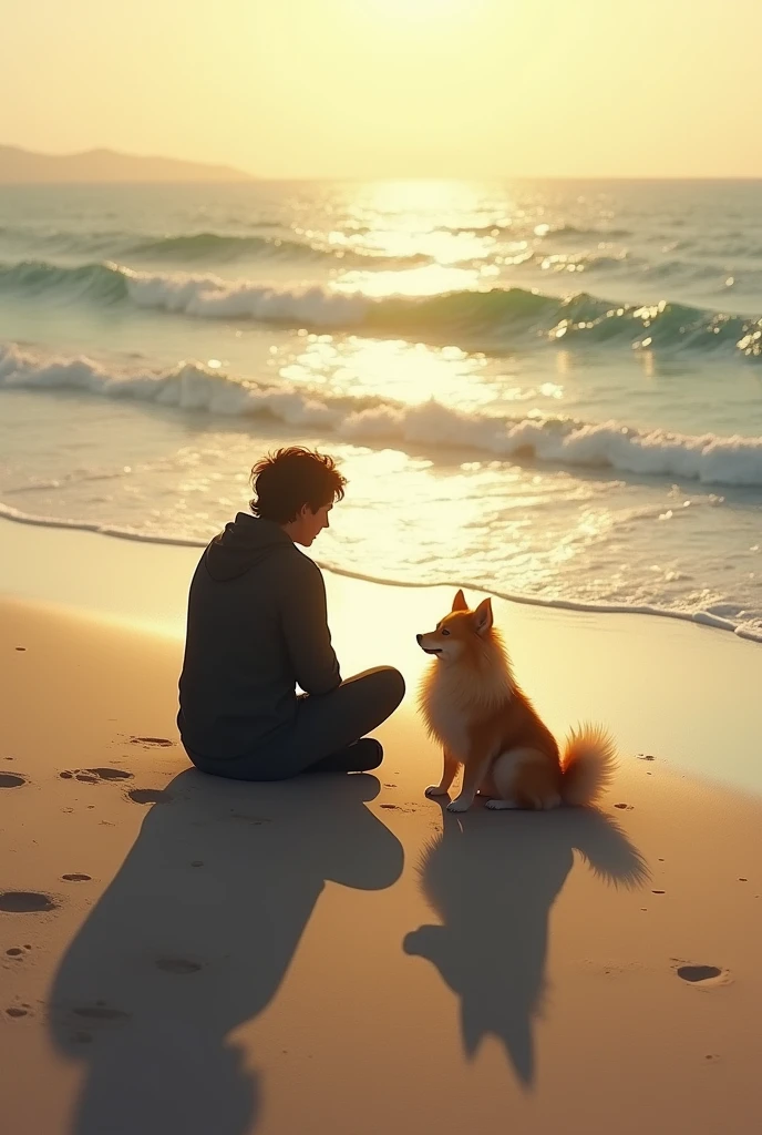 1 boy，blurry_background, tree, squatting, water, bare_tree, dog, motion_blur, outdoors, beach, lake, animal, ocean, snow, river, winter, shiba_inu, sunset, black_hair, shore, short_hair, scenery, hood