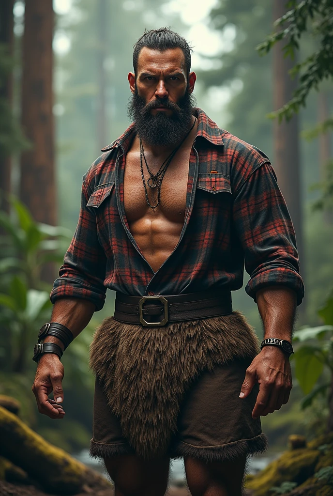 Shirtless muscular lumberjack standing in front of his cabin 