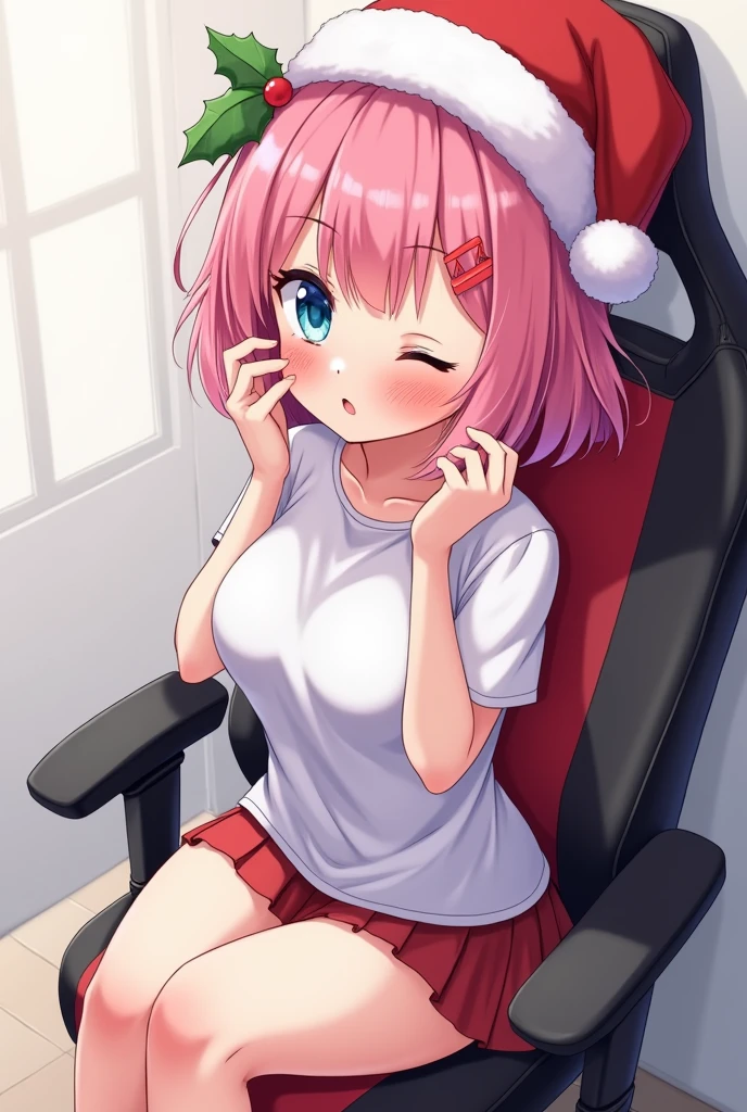 in container, 1girl, solo, red hair,red eyes, shirt, blush, sitting, white shirt, snowing, bangs, closed mouth, short sleeves, snow, full body, sitting ,(box:1),in box,looking at viewer,