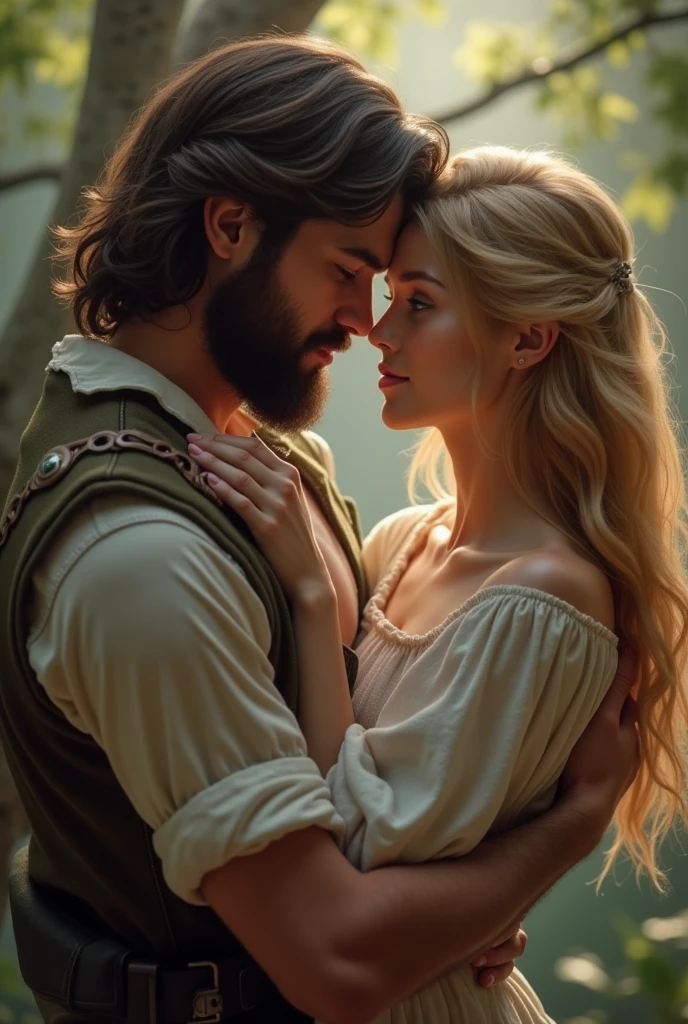 A native Peruvian man with a long, straight, beardless hair, kneeling beside a sweet European woman of royalty with long, blonde hair.