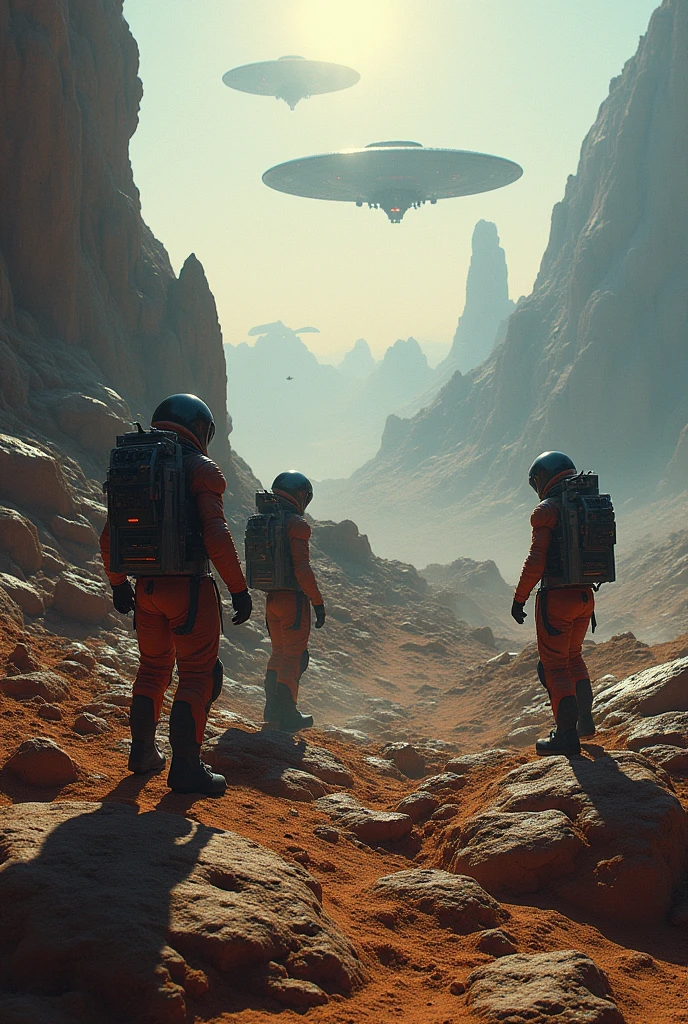 Astronauts arriving from space to planet Earth in a spaceship, an uninhabitable planet earth, in a futuristic style