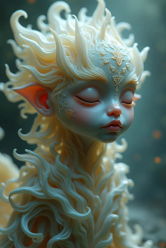 Cute and adorable darkness baby, glowing smoke neon eyes, hoarfrost metal lace, fantasy, sunlight, sunbeam, intricate detail. 8k, dreamlike, surrealism, super cute, symmetrical, soft lighting, trending on artstation, intricate details, highly detailed, unreal engine, by ross tran, wlop, artgerm and james jean, Brian Froud, art illustration by Miho Hirano, Neimy Kanani, oil on canvas by Aykut Aydoğdu, oil painting, heavy strokes, paint dripping