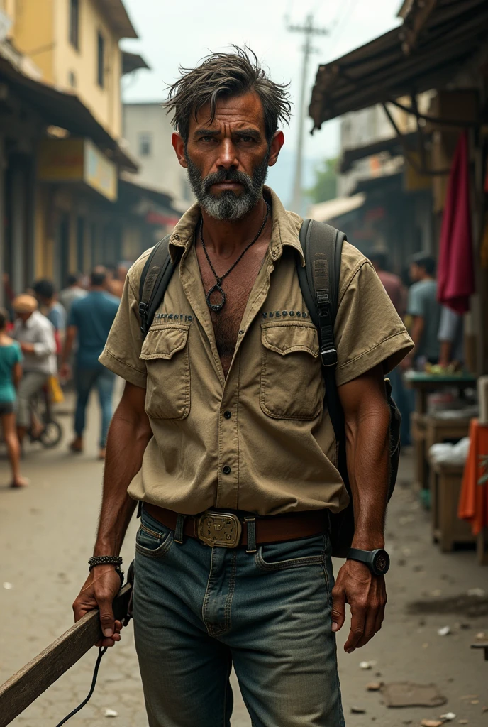 (1 boy with straw hat, aviator glasses, goatee and mustache, traveler, destroyed city, torso, somber mood, beard, backpack, parkour),(best quality,4k,8k,highres,masterpiece:1.2),ultra-detailed,(realistic,photorealistic,photo-realistic:1.37),intricate details,intricate background,dramatic lighting,cinematic composition,moody colors,gritty atmosphere,post-apocalyptic setting,rugged facial features,backpack contents,parkour pose