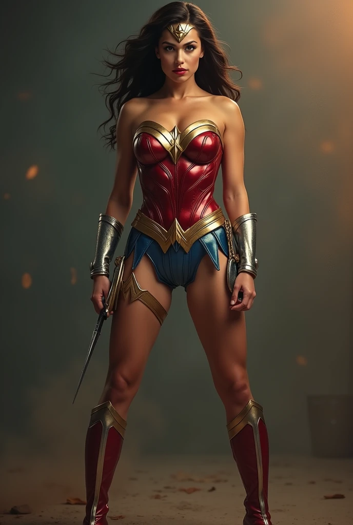 Wonder woman, Portrait photo by Altgarm, realism style, Glowing skin, Cartoon hero, Defined lips, Strong physical strength, Feminine body, Full body, viewer, Depth of field f/1.8, natta, ultra wide lens, ((Shooting from below)), (large udder:1.2), Ancient Greece, Stars in the night sky, sacred place, torches,