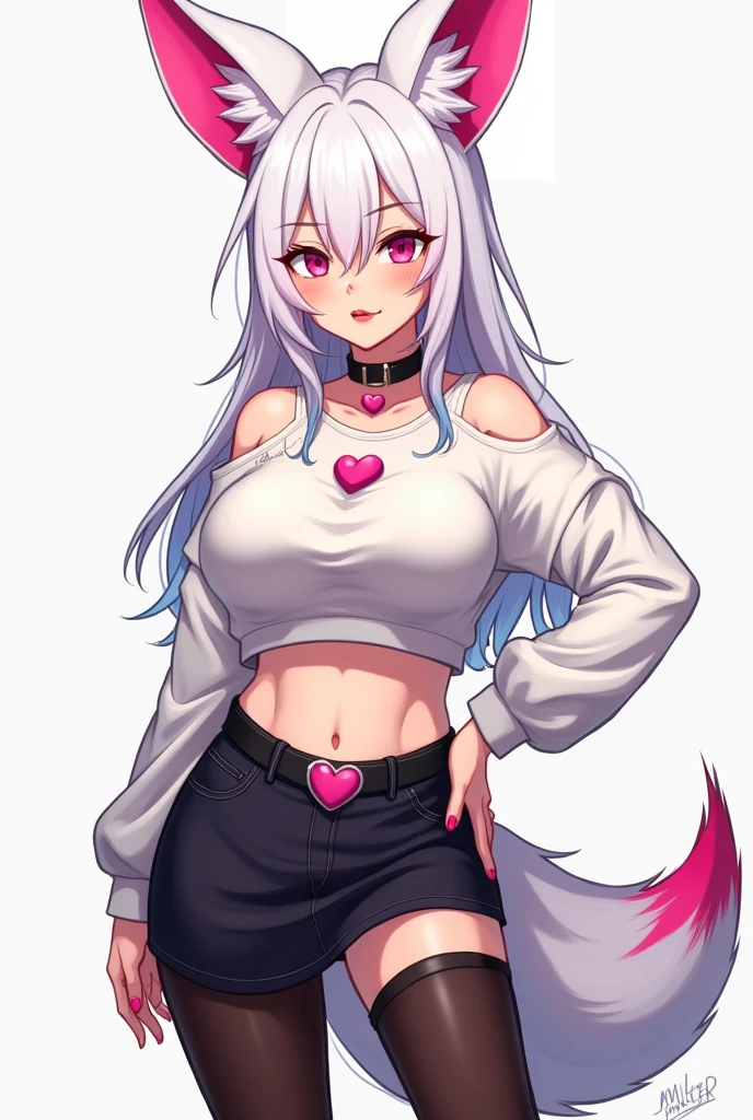 anime-style digital drawing of a tall woman , style milf, with white hair with pink tufts , big boobs, wide hips , with a lock of hair covering her left eye, bright pink eyes , red lips, short hair, a dog collar with a pink heart on the neck, fox ears and tail, black tights, a white long-sleeved sweatshirt , a short short