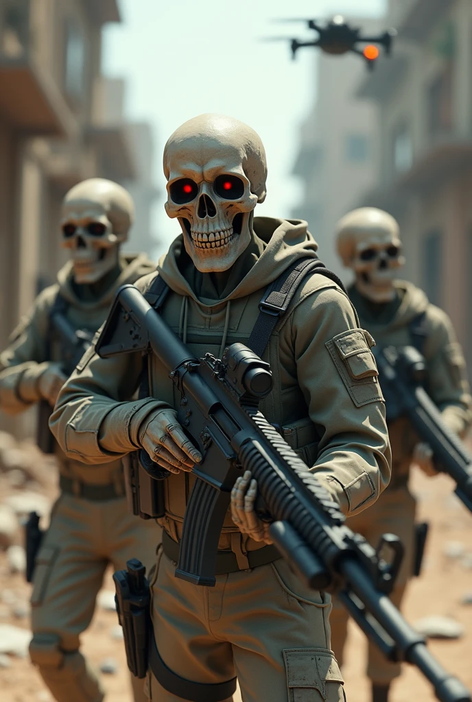 (high resolution, realistic),skull squad,holding modern weapons,detailed skeletons,dynamic action poses,background filled with smoke and fire,shiny metallic guns,sharp focus,gritty atmosphere,powerful combat scene,detailed bullet casings and explosions,vivid colors, intense lighting,combining horror and action genres,close-up shots of the squad members' skulls,intense battle frenzy,artistic lighting effects,suspenseful atmosphere,expressive facial features,creepy and menacing appearance,detailed camouflage uniforms,emphasizing the power and strength of the squad,realistic representation of weapons and equipment,adding a touch of sci-fi elements to the scene.