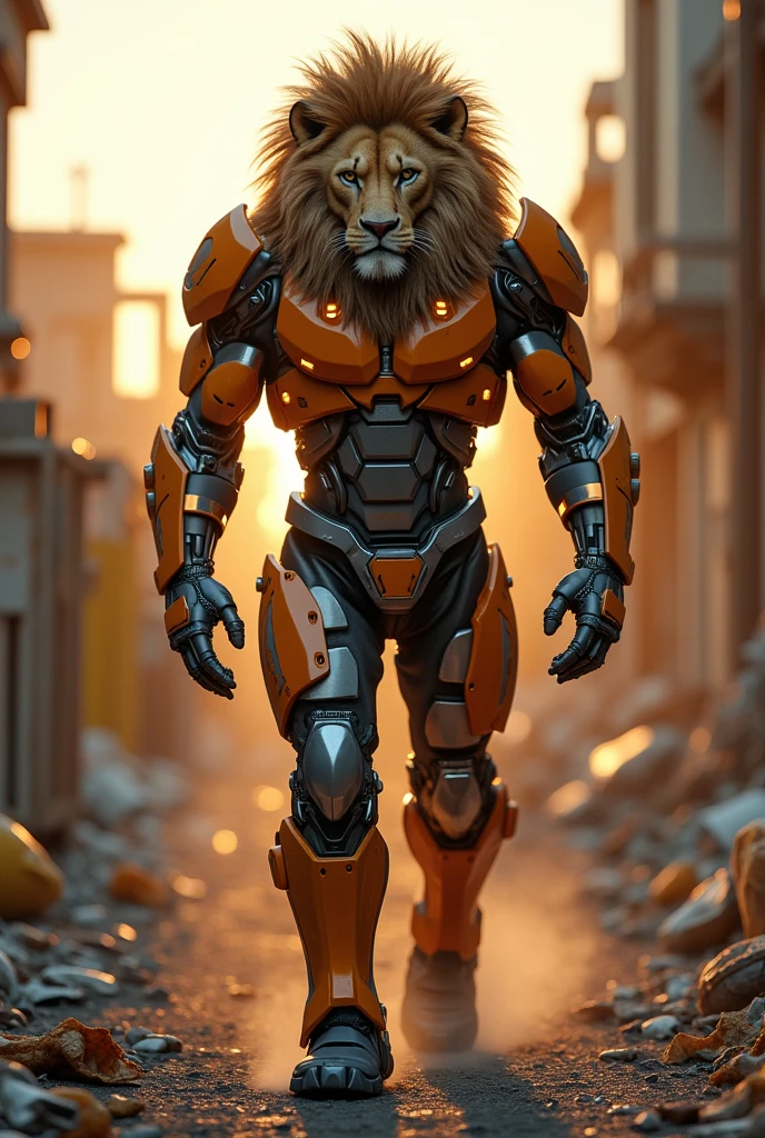 A hybrid between a lion and a human with the body and limbs resembling a muscular human male and the head resembling a majestic lions head, the creature wears a mechanical suit designed to be robust and durable and made from steel, iron, carbon and modern electronic parts, the mechanical suit has orange parts, silver parts and some glowing led lights, the creature is walking in a futuristic post-apocalyptic trash disposal facility full of various types of trash and machines designed for trash disposal, the golden hour, full body shot, hyper detailed, vibrant colors, majestic shadows, immaculate lighting, HDR, 16k