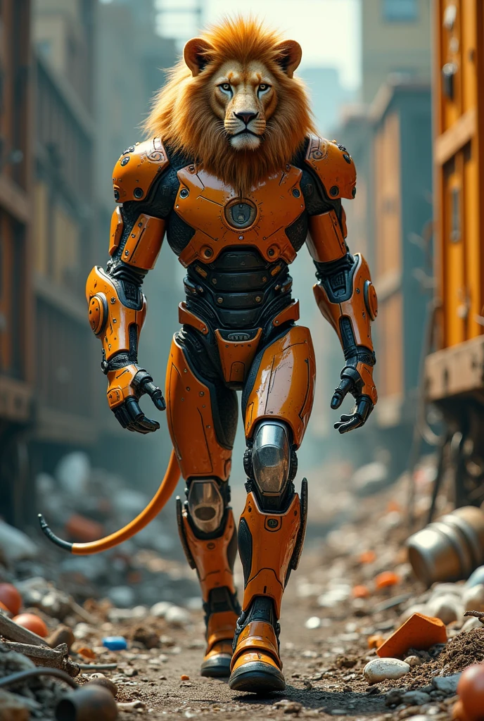 A hybrid between a lion and a human with the body and limbs resembling a muscular human male and the head resembling a majestic lions head, the creature wears a mechanical suit designed to be robust and durable and made from steel, iron, carbon and modern electronic parts, the mechanical suit has orange parts, silver parts and some glowing led lights, the creature is walking in a futuristic post-apocalyptic trash disposal facility full of various types of trash and machines designed for trash disposal, the golden hour, full body shot, hyper detailed, vibrant colors, majestic shadows, immaculate lighting, HDR, 16k