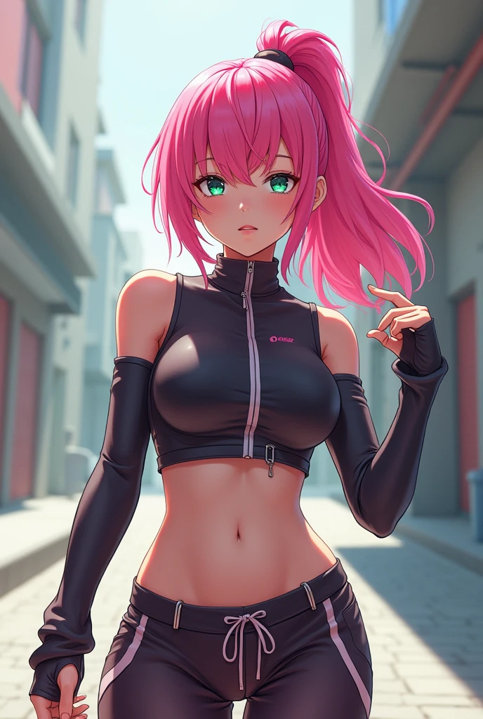 (master piece, best quality, 1 girl, alone, intricate details, chromatic aberration), realistic, yellow eyes, Twintails hair, long hair, pink hair, medium breast, medium ass, smile, Happy, Bobby pins, Choker, ultra detailed, 8K wallpaper, reflection light, Ray tracing, realistic BREAK, Choker, cleavage, cleavage cutout, turtleneck crop top, ripped leg outfit, hands in pockets, yoga pants, against the wall, wall bricks, graffiti, dim lighting, alley