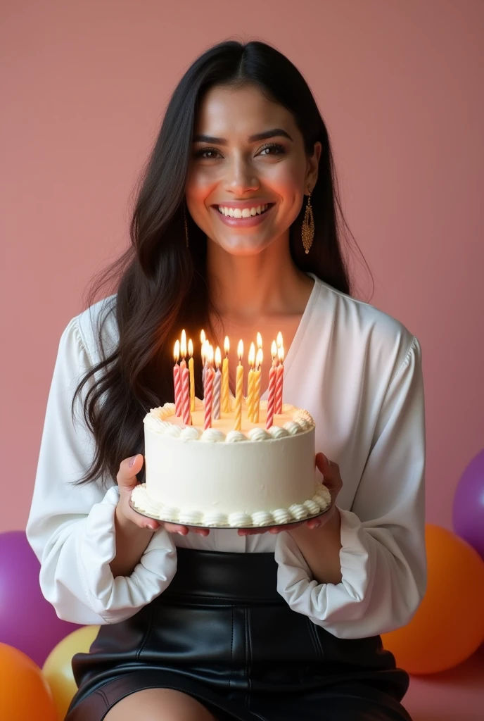 spider woman with curly hair holding a birthday cake