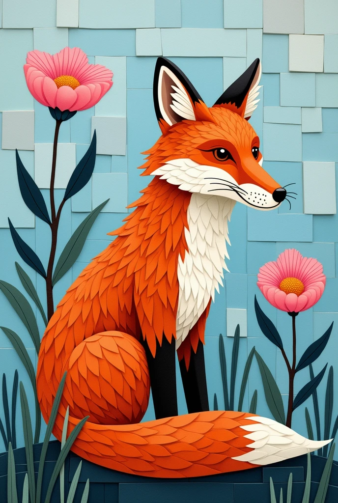  a fox in the foreground with plants and 2 pink flowers on the back and a light blue background with dubes.  all this as if it were a mosaic of pure square stones , rectangular and l? some circular ,  that most of these pieces are the same size . 