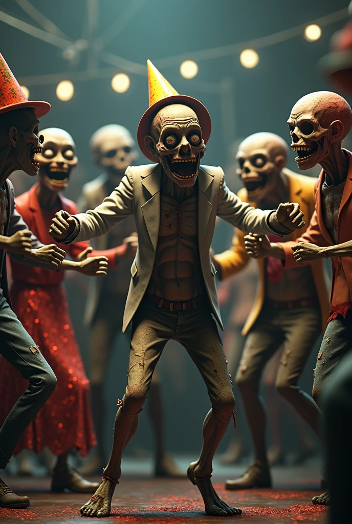 (masterpiece, best quality:1.1), (ultra highres, ultra-detailed:1.2), many skeleton gentlemen, skeletons having fun at a dance hall, mirror ball, colorful, elaborate costumes, joyful expressions, lively dance moves, intricate details, dramatic lighting, vibrant colors, elegant decor, festive atmosphere