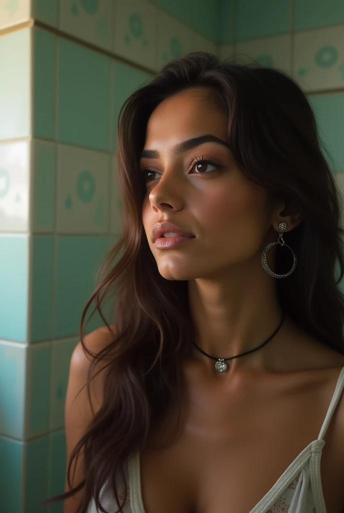side view of a bathtub, taken from far away, entire bathtub in view, extra large bath tub, girl in the tub, hair up in a clip, bubble bath, large window, lots of natural light, from behind, 26 years old, wavy dark hair, very detailed, light eyes, light green eyes, high-res, masterpiece, best quality, intricate details, sharp focus, detailed skin, realistic skin texture, detailed eyes