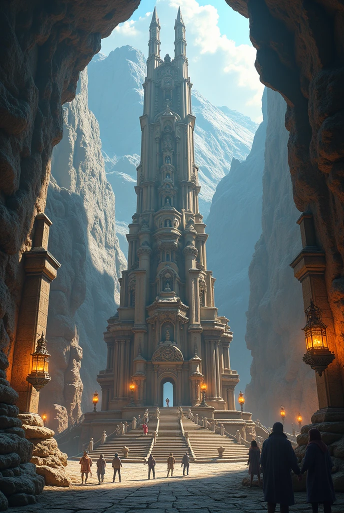 create the image of a square of an underground city , In the middle a sculpture depicting the middle of the underground city square of Dwarves, The city is inside the mountains