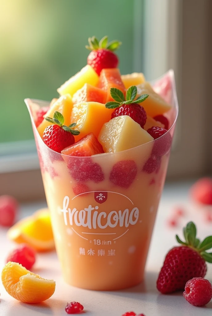 a fruit salad in a plastic paper cone with the name of Fruticono