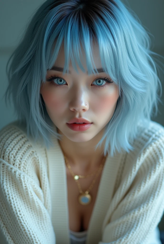 (Best quality, 8k, 32k, Masterpiece, UHD:1.2),Photo of Pretty 18 teen american woman, large breasts, very short bob hair,upper body,face focus,(oversized_sweater,:1.1) necklace, background, looking at viewer, leaning forward, (((blue hair with sliver bangs))), (((vibrant light blue eyes))) (((award winning detail)) ((avatar makeup and popstar clothes)))