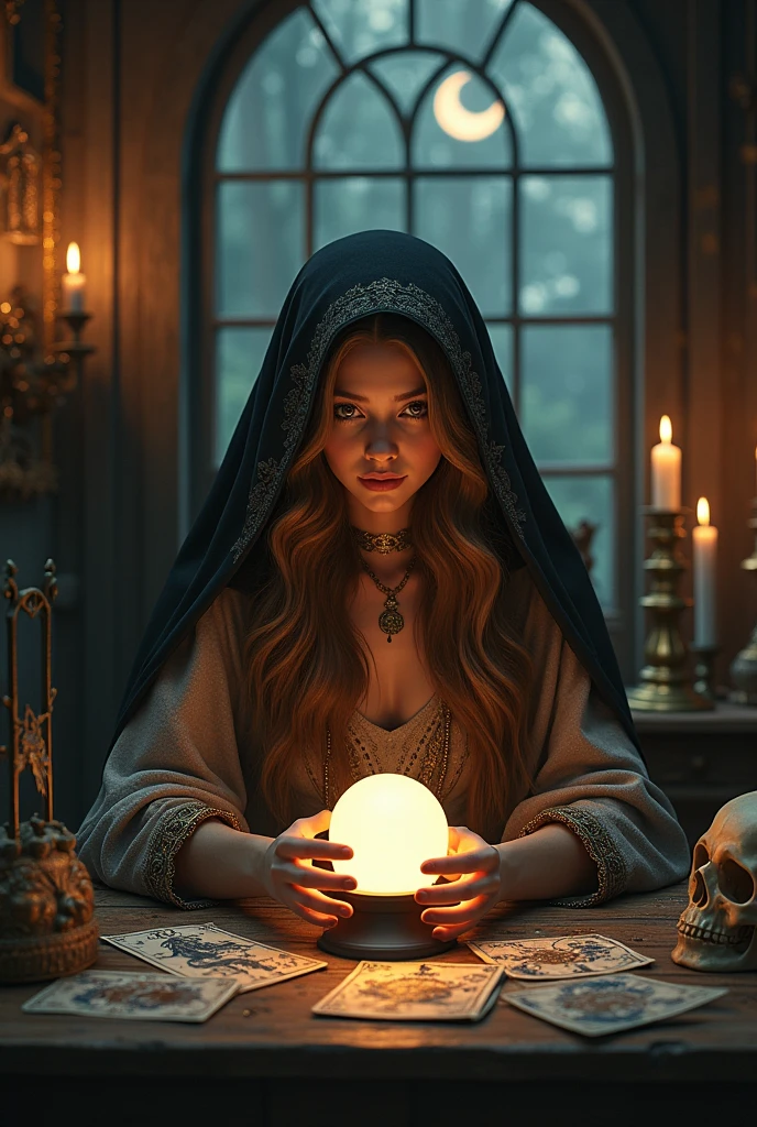 Une belle femme voit l'avenir d'un homme avec une boule de cristal rayonnante. Elle porte un capuche marron avec la poitrine ouverte, une chemise blanche transparente, une faible lumière orange derrière elle, un crâne humain près d'elle, un crâne au-dessus du bureau, un livre ouvert. , des bougies allumées, un sablier et une vieille carte du Maroc au-dessus du bureau.