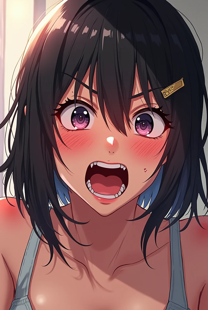 front view,face focus,An open-front shirt,bra,Hands behind head,open mouth,tongue out,cum on tongue,lick,(1girl,Beautiful 14 year old girl),front face,from front,front view,looking at viewer, looking ahead,Black Hair,Beautiful and detailed anime art,Dimly lit room,Simple Background,Gray background,Low lighting