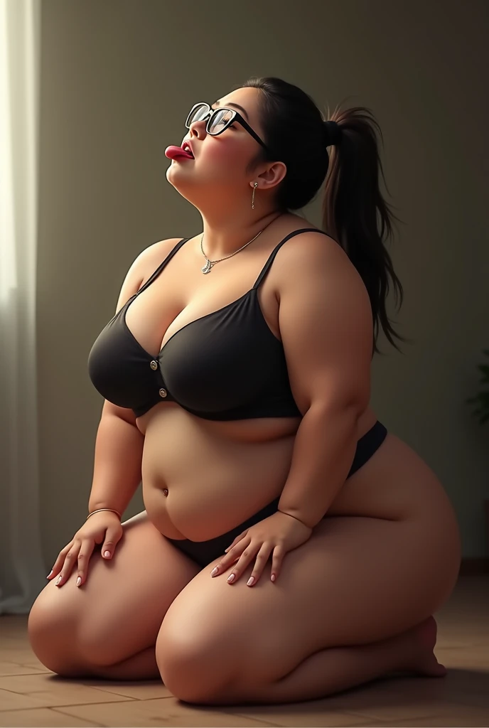 Adult mulatto Latina with glasses, long black hair and chubby showing the soles of her feet