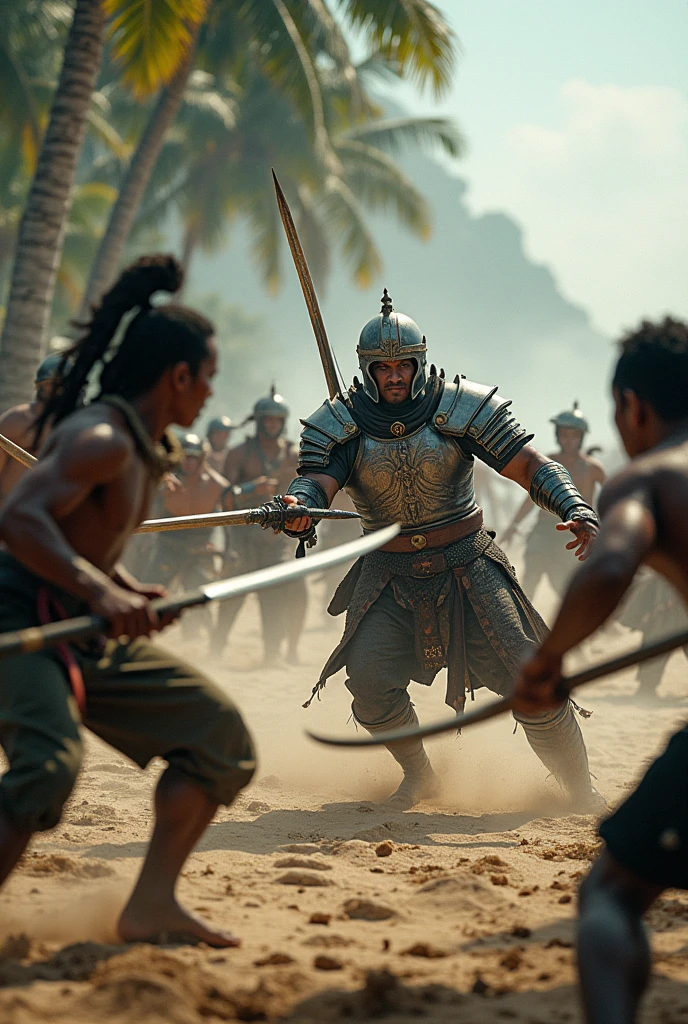 "Intense battle scenes between the Sunda warriors and Majapahit soldiers, with dynamic action, clashing swords, and determined expressions under a darkening sky." Characters: Sunda warriors and Majapahit soldiers. Angle: Dynamic action shot. Lighting: Low light, dramatic shadows. --ar 16:9 --style raw