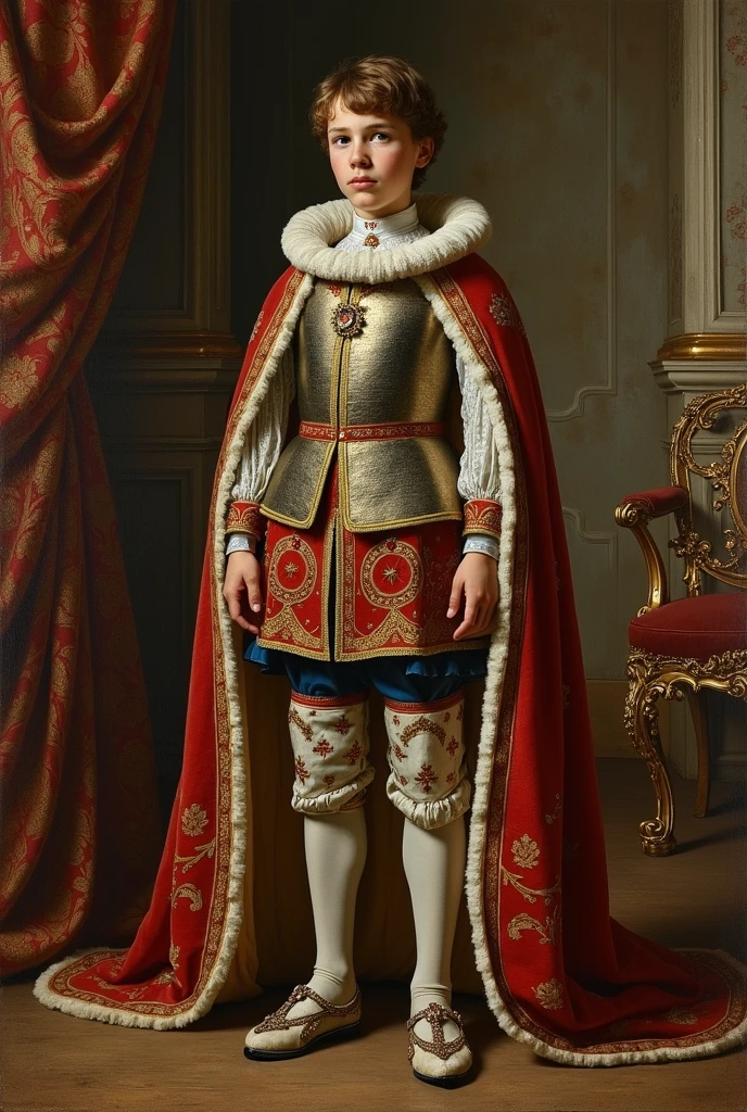 Paris, 1560. full body, A little ((((10-year-old)) king Charles IX)), boy king, crown, ((((male clothings from the 1560s, breeches)))), ((hairstyle of the 1560s)), pastel colors, colorful, realistic