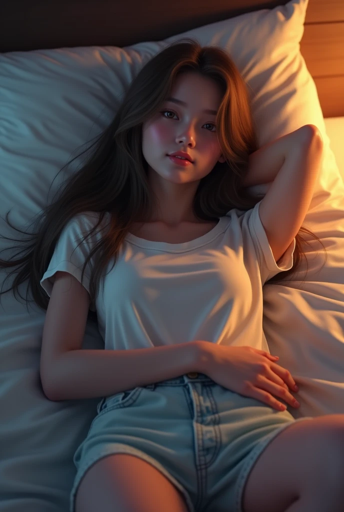 Girl lying in bed,Bare breasts,photorealestic,8k