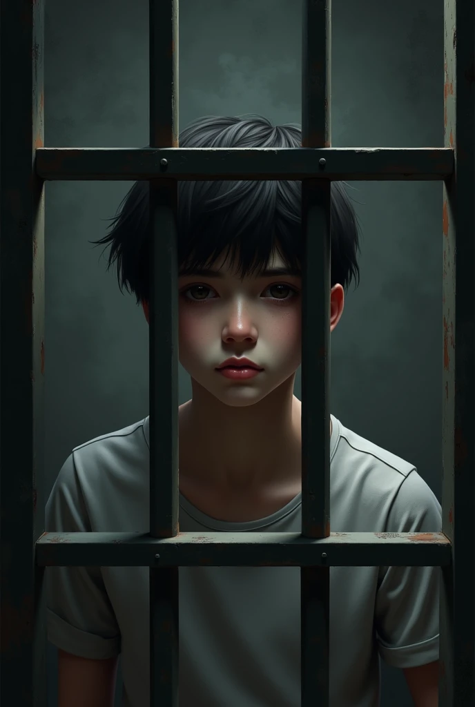 Child with sad countenance of Korean origin behind bars of a prison