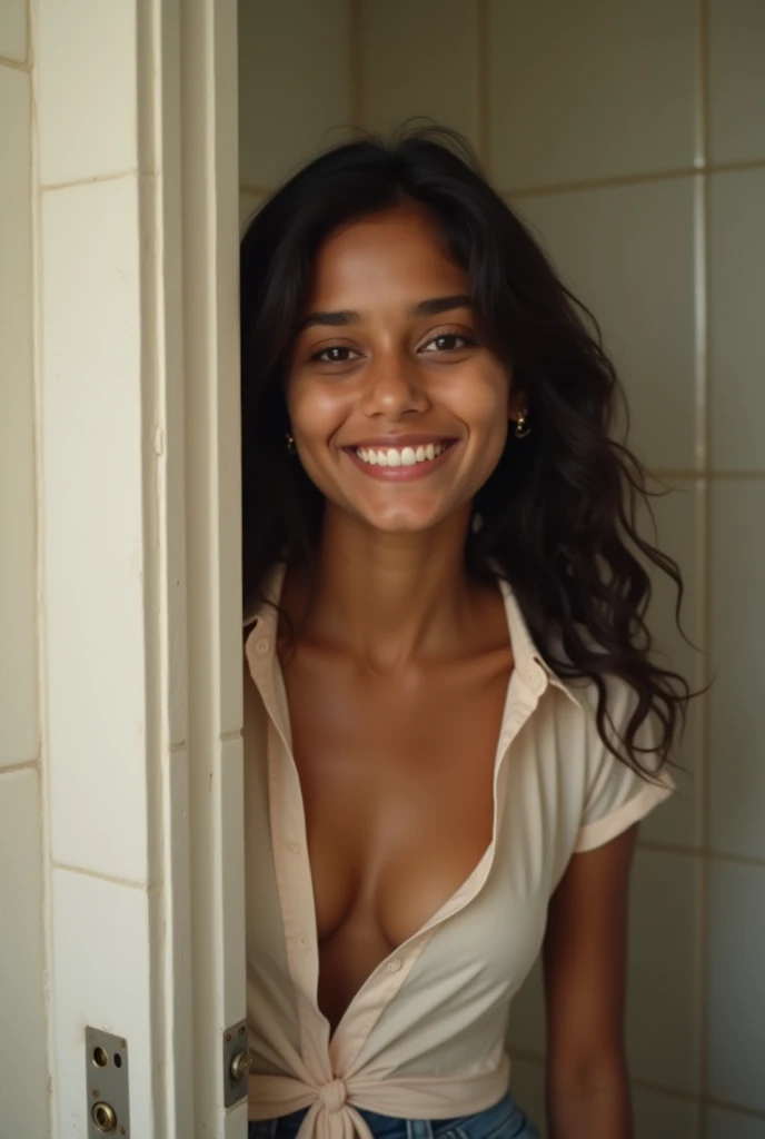 Ultra photorealistic, standing in bathroom, 19 year old Pakistani Woman, nude, topless, small breasts, full frontal pose, slim body, beautiful face, shaved pubic hair, looks like an Indian princess, sexy pose, smile, perfect teeth