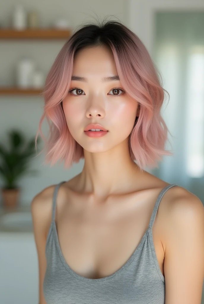 Create an image with the characteristics defined in the tag and avoid using the characteristics defined in the tag. A young woman with a delicate appearance, shoulder-length straight hair in light pink color. She has large, expressive eyes with soft makeup highlighting her lashes and well-defined eyebrows. Her skin is fair with an even tone. The facial expression is serene and confident. The image should be in a well-lit indoor environment, with soft natural light coming through the window, creating light shadows and a cozy atmosphere. The woman is wearing casual clothing that reveals part of her shoulders. The background is simple, with light-colored walls and a few minimalist decor items that do not distract from the main figure. The image should focus on the face, capturing the details of the hair and makeup, with a depth of field that slightly blurs the background. The framing should be centered and close, highlighting the facial expression and hairstyle. The resolution should be high, capturing all details with clarity. Do not include accessories such as hats, glasses, or jewelry. Do not use vibrant colors or flashy elements in the background. Avoid including more than one person in the image or any elements that distract attention from the woman's face. Do not add dramatic lighting or shadow effects that may distort the model's natural features.