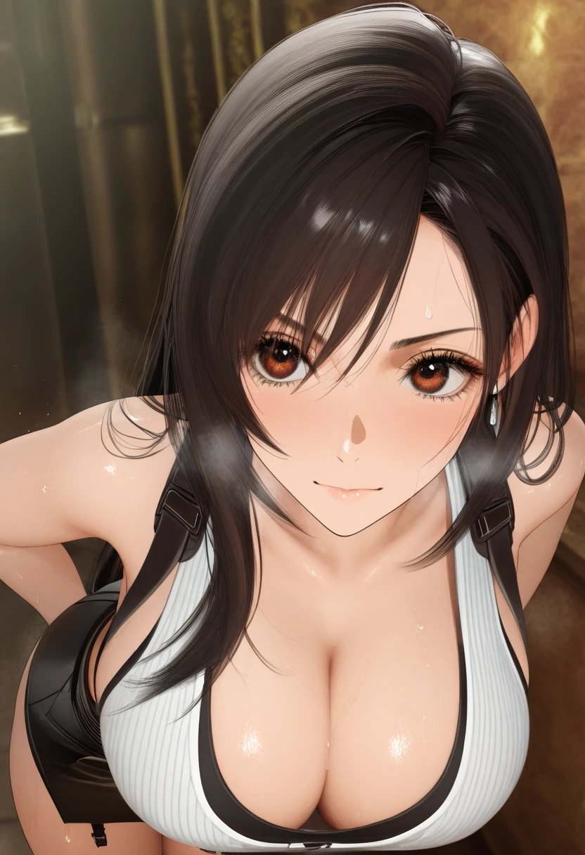 1girl, black hair, long hair, black shirt, black skirt, slut, 3d, realistic, masterpiece, best quality, good quality, newest, tifa lockhart, deep cleavage, large breasts, voluptuous, nice hips, prostitute, X3dCE, 3d