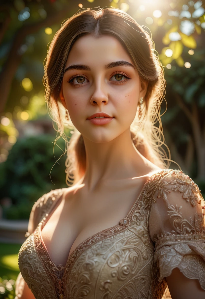 a beautiful woman, 1girl, detailed eyes, detailed lips, long eyelashes, elegant expression, serene, graceful pose, lush garden background, ornate dress, sunlight streaming, warm color tones, atmospheric lighting, photorealistic, masterpiece, 8k, hyper detailed